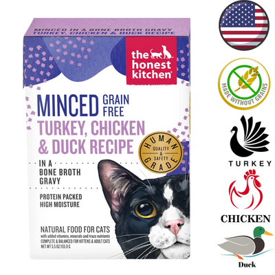 The Honest Kitchen turkey chicken duck wet cat food minced grain free in bone broth gravy with cat image