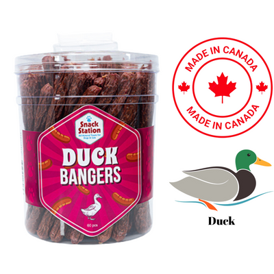 This & That Canadian Duck Bangers for dogs in a clear container with made in Canada label