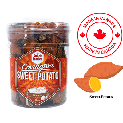 This & That original Covington dog treats sweet potato flavor in clear jar with made in Canada label
