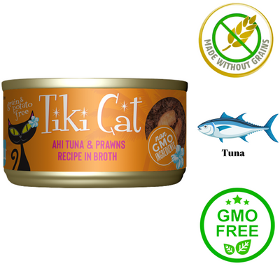 Tiki Cat ahi tuna and prawns wet cat food can with non GMO ingredients and grain free labels