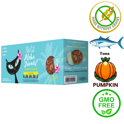 Tiki Cat Aloha Friends variety pack canned wet cat food with four flavors in a blue box