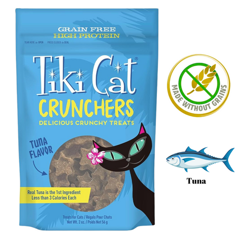 Tiki Cat Crunchers tuna cat treats in blue packaging with grain free high protein label and real tuna as first ingredient