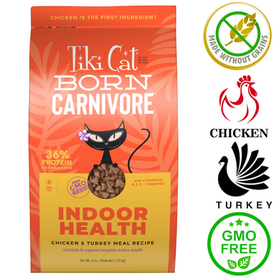 Tiki Cat Born Carnivore Indoor Health chicken and turkey dry kibble bag grain free dry cat food 6 lb.