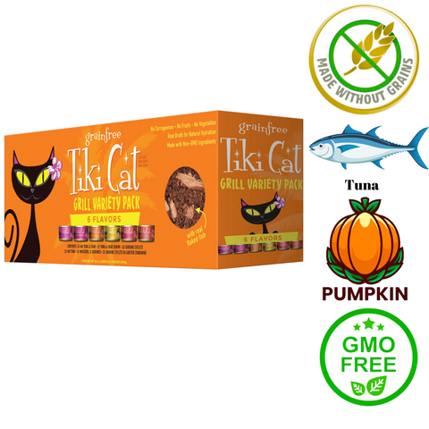 Tiki Cat grill variety pack canned wet food with six flavors made without grains and GMO free