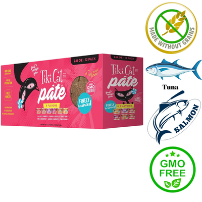Tiki Cat pate variety pack with six flavors in a 12-pack for grain-free cat meals