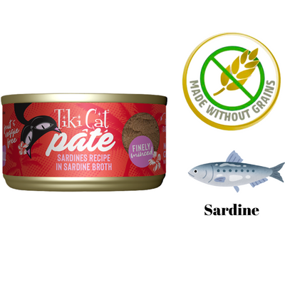 Tiki Cat sardine broth pate cat food can with grain-free label and sardine illustration