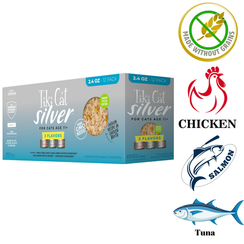 Tiki Cat Silver variety pack wet cat food 12 cans with chicken, salmon, and tuna flavors without grains
