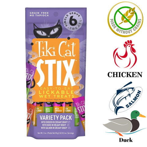 Tiki Cat Stix wet cat treats variety pack with chicken duck and salmon flavors in creamy gravy