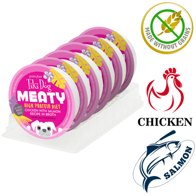 Tiki Dog chicken and salmon broth dog food wet meals in purple packaging with high protein and grain-free icons