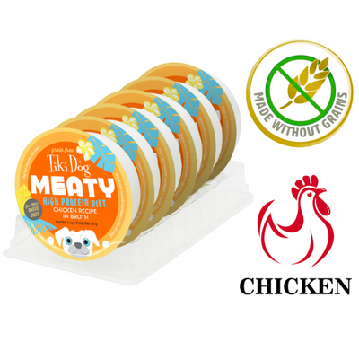 Tiki Dog chicken broth dog food wet food trays with high protein diet and grain free label