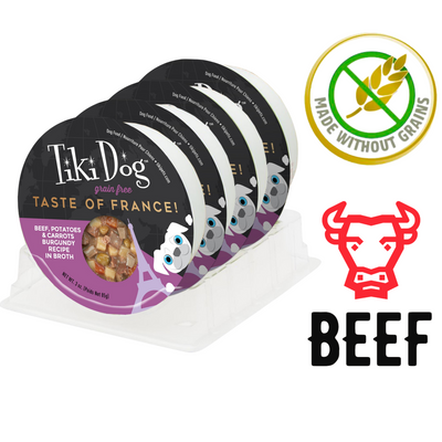 Tiki dog france beef wet dog food grain free beef potatoes and carrots in broth pack of four trays