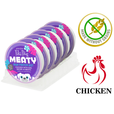 Tiki dog grain free chicken and egg broth dog food six-pack with high protein diet in purple packaging