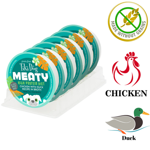 Tiki dog high protein chicken and duck dog food wet meals pack with grain free label and chicken and duck icons