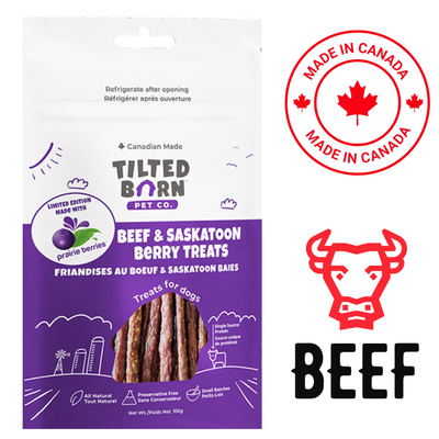 Tilted Barn Beef Berry Dog Treats with Saskatoon berries, all natural and made in Canada