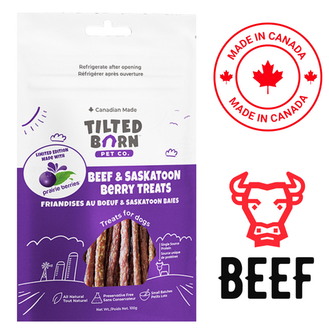 Tilted Barn Beef Berry Dog Treats with Saskatoon berries, all natural and made in Canada