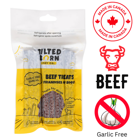 Tilted Barn beef dog treats without garlic in a yellow packaging for healthy canine snacks
