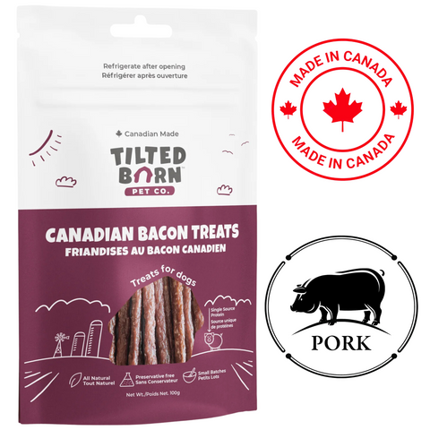 Tilted Barn Canadian Bacon Dog Treats in a resealable package made from all-natural ingredients