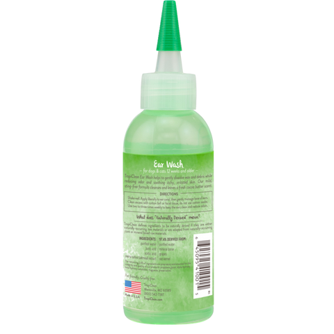 TropiClean alcohol free ear wash for pets in green bottle with pointed applicator cap