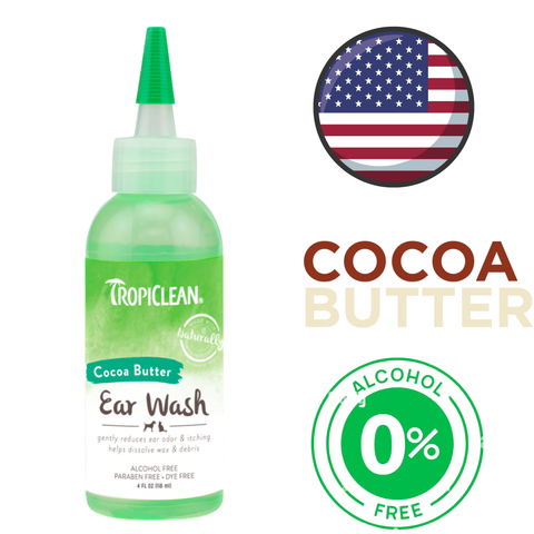 TropiClean alcohol free ear wash for pets with cocoa butter in a green bottle for dog and cat grooming