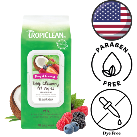 TropiClean Berry Coconut Wipes for dogs and cats, 100 moist wipes in a green package, paraben and dye-free