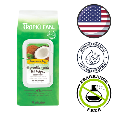 TropiClean Coconut Pet Wipes in a green pack, hypoallergenic and fragrance-free, perfect for grooming pets