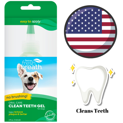 TropiClean dog teeth cleaning gel fresh breath oral care product packaging with happy dog image