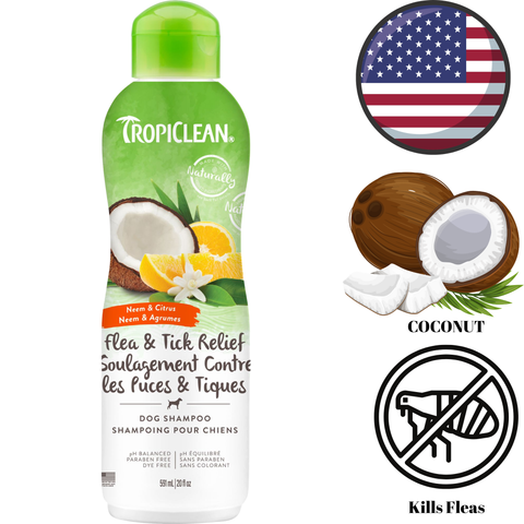Tropiclean flea and tick relief shampoo for dogs with neem and citrus in a green and white bottle