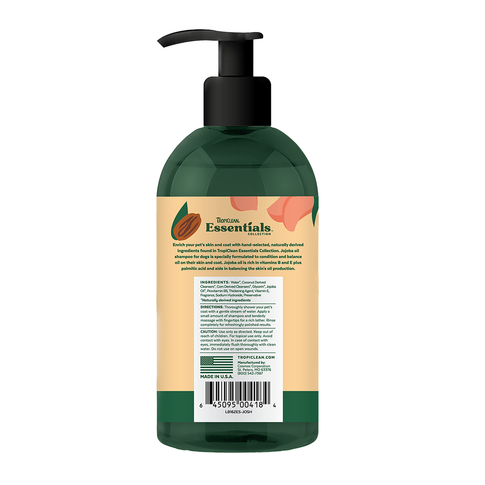 Back view of TropiClean Jojoba oil dog shampoo bottle with label and pump dispenser for dog grooming