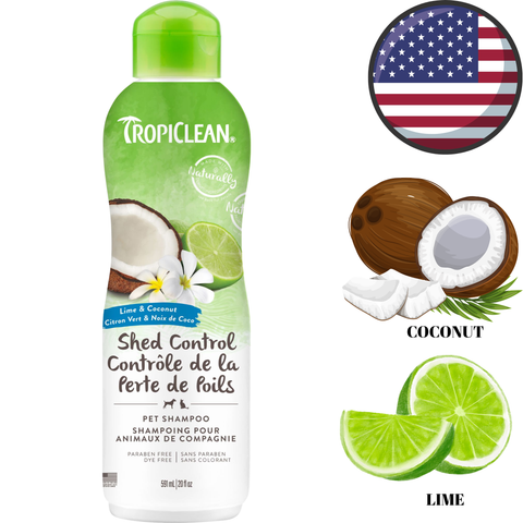 TropiClean lime and coconut dog shampoo bottle with coconut and lime illustrations and USA flag