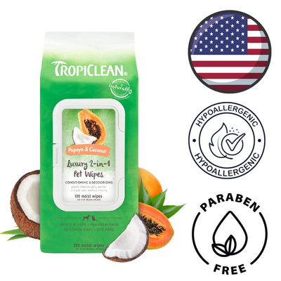 TropiClean - Papaya & Coconut Luxury 2 in 1 Wipes - 100 pack