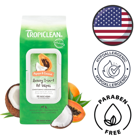 TropiClean Papaya Coconut pet wipes in a green pack, ideal for grooming and deodorizing pets