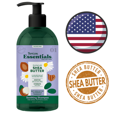 TropiClean Shea Butter chamomile Pet Shampoo bottle with natural ingredients for soothing pet skin