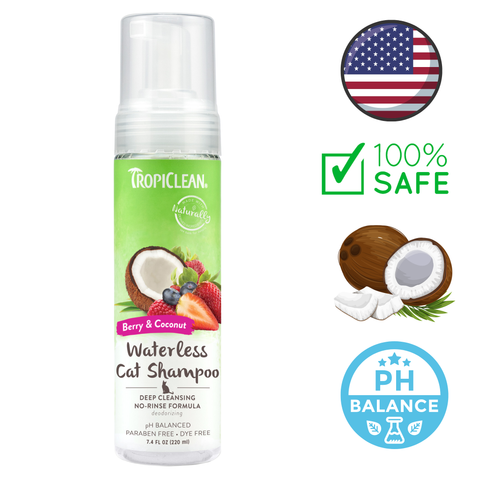 TropiClean waterless cat shampoo berry and coconut scent with deep cleansing no-rinse formula