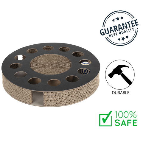 Ware round cat scratcher made of durable cardboard with circular design and toy holes