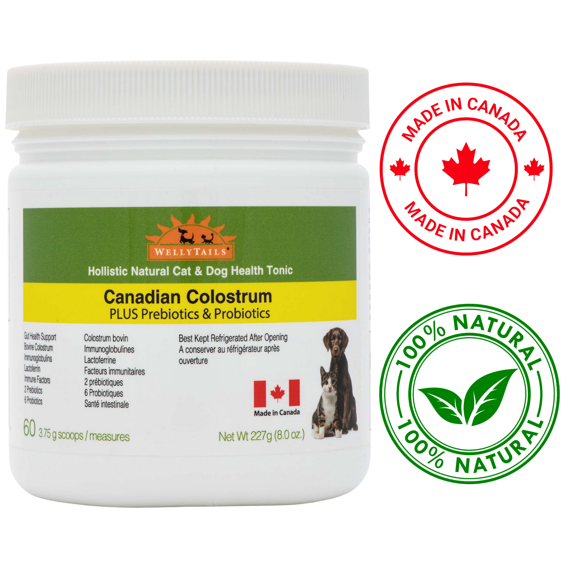 Wellytails bovine colostrum for pets Canadian colostrum supplement with prebiotics and probiotics for cats and dogs
