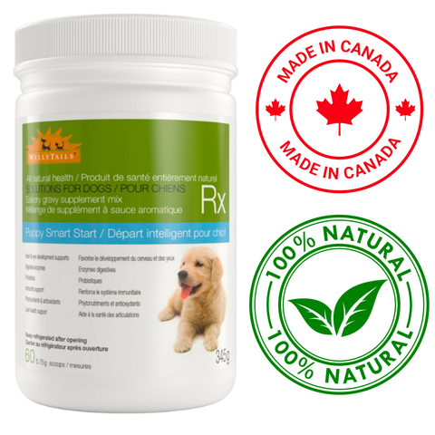 Wellytails Puppy Smart Start Nutritional Mix container with natural health supplements for puppies and Canadian made badge