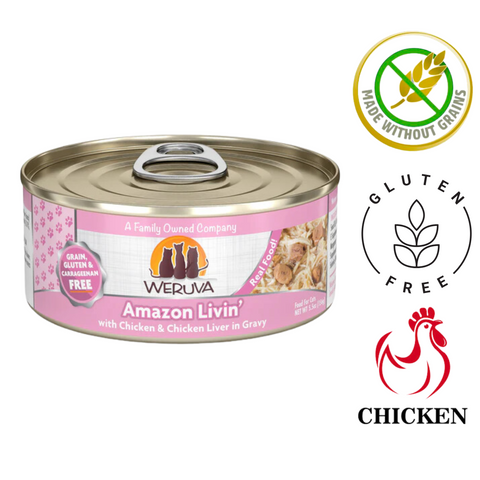 Weruva Amazon Livin cat food canned wet food with chicken and chicken liver in gravy grain gluten free