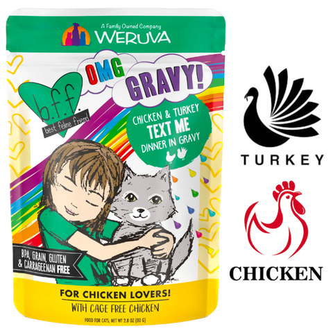 Weruva BFF Text Me cat food chicken and turkey dinner in gravy pouch with colorful design