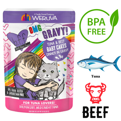 Weruva BFF wet cat food in gravy with tuna and beef for cats, BPA-free packaging