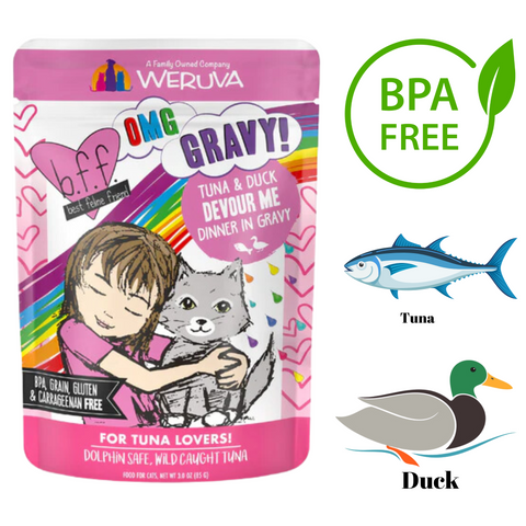 Weruva BFF wet cat food pouch with tuna and duck in gravy, BPA free and grain gluten free