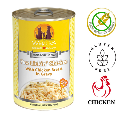 Weruva chicken canned dog food featuring Paw Lickin' Chicken with chicken breast in gravy
