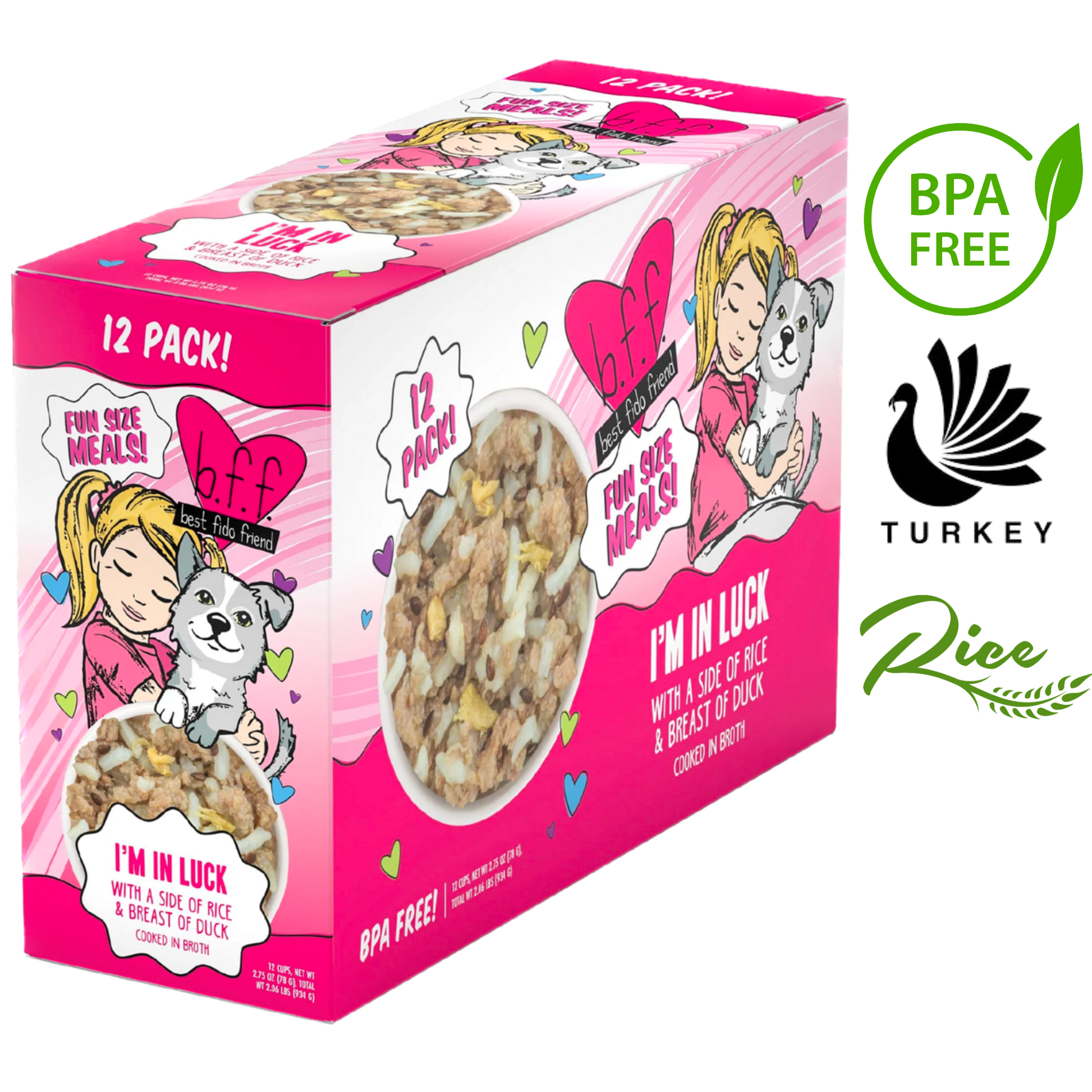 Weruva I'm in Luck dog food featuring turkey and rice in a BPA-free 12-pack box