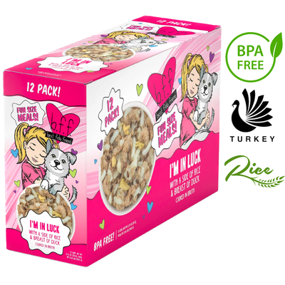 Weruva I'm in Luck dog food featuring turkey and rice in a BPA-free 12-pack box