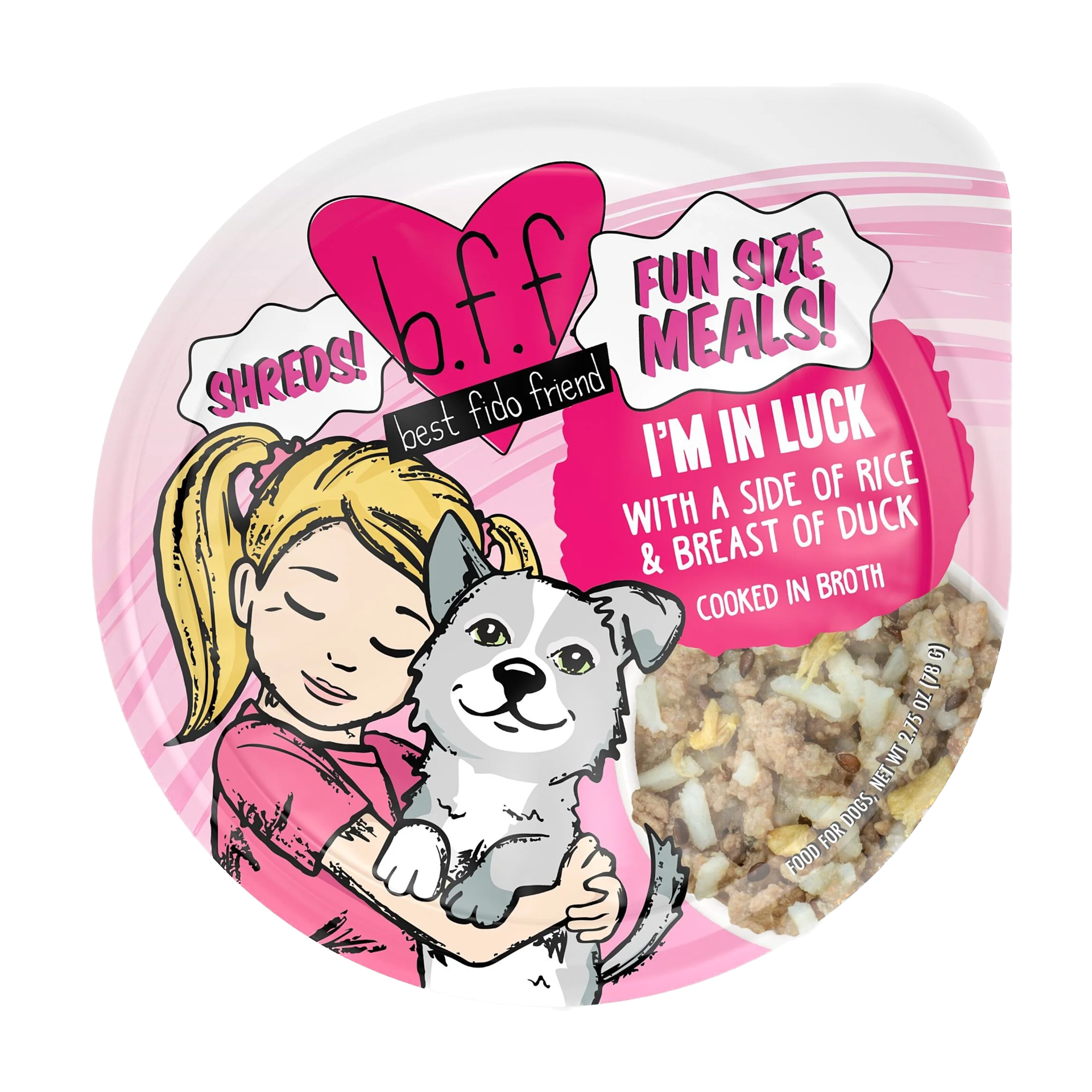 Weruva I'm in Luck dog food with shreds of duck and rice in a convenient bowl