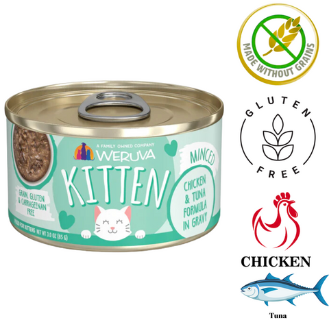 Weruva kitten chicken and tuna cat food in minced form with chicken and tuna in gravy
