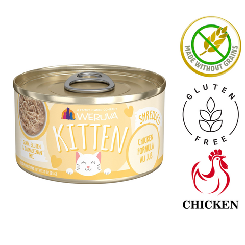 Weruva kitten chicken cat food in a 5.5 oz can featuring shredded chicken for healthy growth