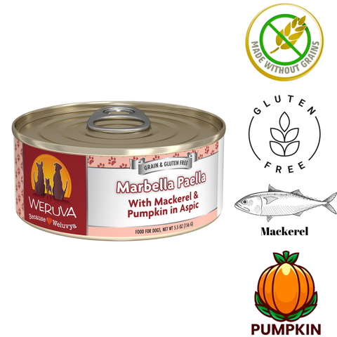 Weruva Marbella Paella cat food with mackerel and pumpkin in aspic grain and gluten free can