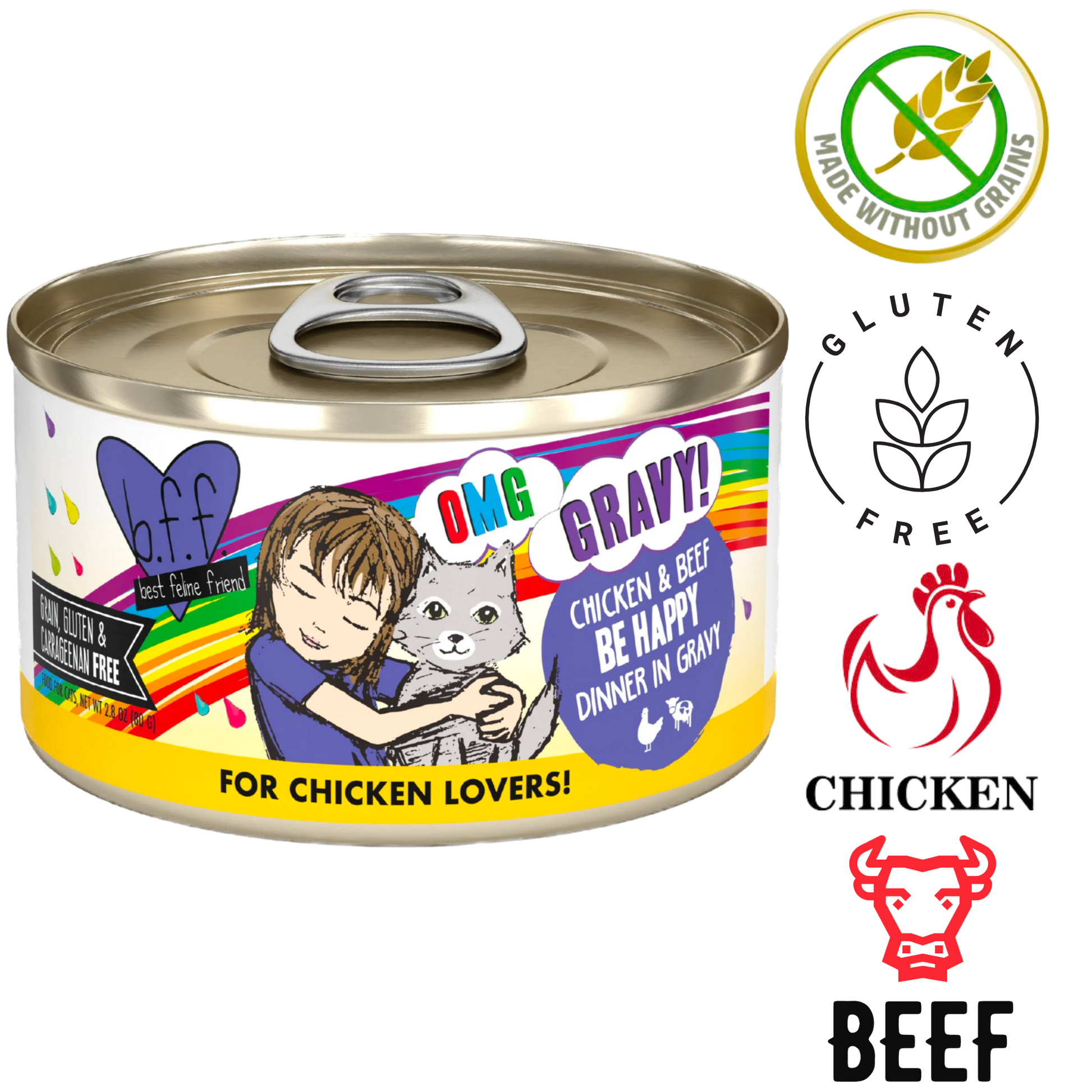 Weruva OMG Be Happy cat food chicken and beef dinner in gravy gluten free made without grains