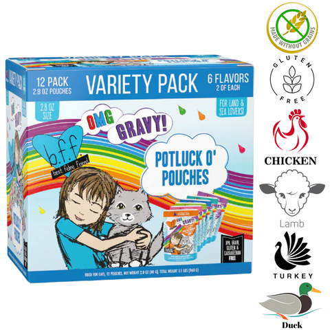 Weruva OMG Cat Food Variety Pack featuring 12 pouches of delicious flavors for cats