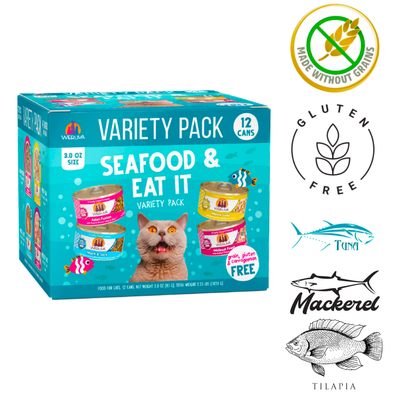 Weruva Seafood Variety cat food in a 12-can pack, featuring tuna, mackerel, and tilapia options